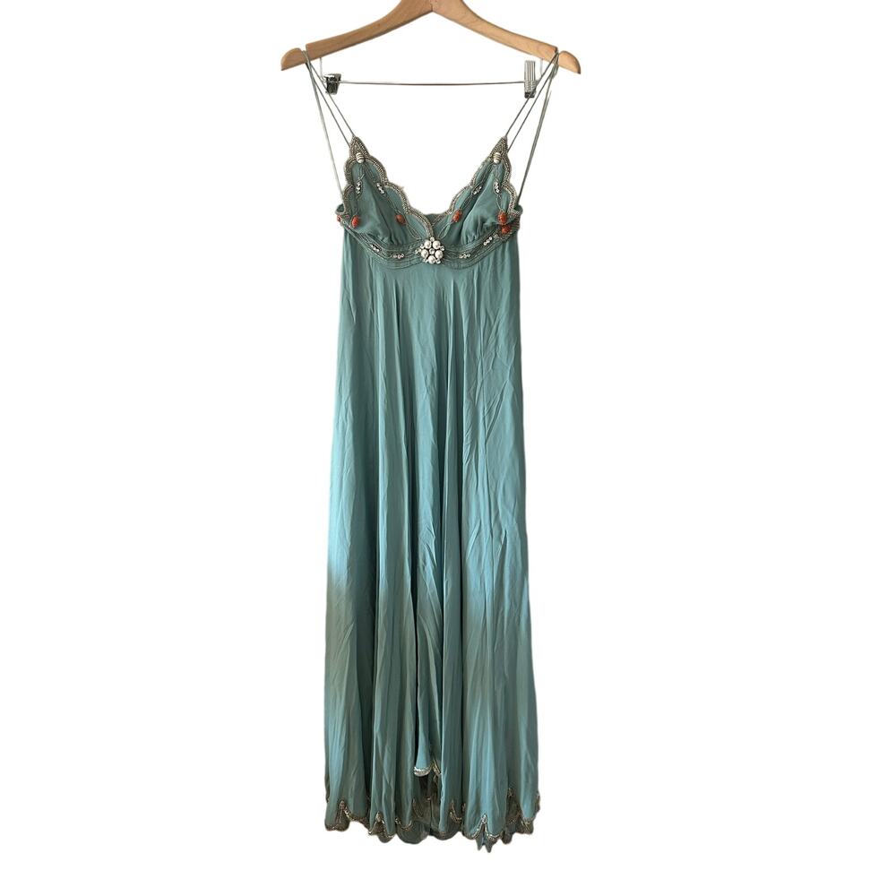 Matthew Williamson Teal Silk Beaded Maxi Dress Vintage Y2K Size 6 (UK)